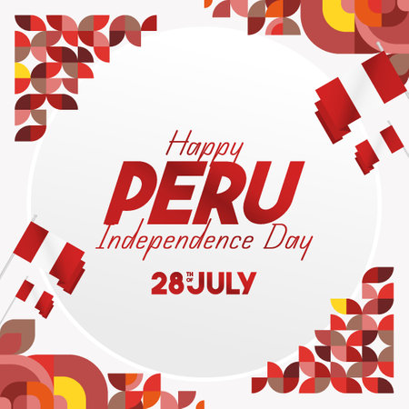 Colorful Peru Independence Day banner with geometric abstract background. Happy National Day of Peru with pride. Vector illustration celebration. Happy celebrateのイラスト素材