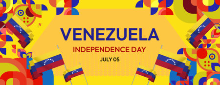 Venezuela Independence Day celebration banner. Creative holiday celebration geometric design in flag color theme. Trending background for national day, party event, and holiday salesのイラスト素材