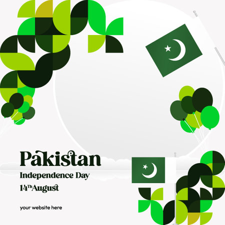 Creative template for Pakistan Independence day. Colorful geometric banner to celebrate national or Independence day. Holiday design illustration. Happy Pakistan day vibrant bannerのイラスト素材