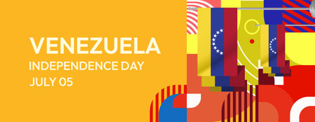 Celebrate Venezuela Independence Day. Geometric banner with bold and iconic flag colors. Happy Venezuela National Day. Show your support or protest. Holiday themed illustration poster bannerのイラスト素材