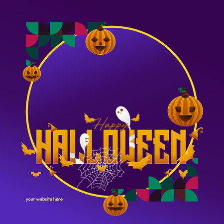 Spooky Halloween cover with geometric patterns for greeting cards or party messages, suited for autumn gatherings in homes, featuring pumpkins, webs, and sleek typography.のイラスト素材