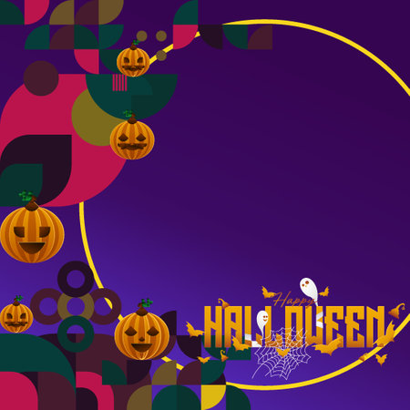 Spooky yet cheerful Halloween geometric art background for posters or cards, great for October events in lively venues, with playful pumpkins, webs, and dynamic typography.のイラスト素材