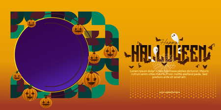Spooky Halloween cover in geometric style for party invitations or posters, ideal for fall celebrations in any space, showcasing vibrant pumpkins, webs, and modern typography.のイラスト素材