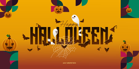 Halloween themed geometric cover for party invitations or cards, suited for autumn celebrations in any venue, blending pumpkins, spider webs, and modern typography seamlessly.のイラスト素材