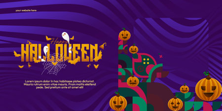 Cheerful Halloween cover in geometric style for posters or greeting cards, tailored for autumn gatherings in homes, with lively pumpkins, spider webs, and sharp typography.のイラスト素材