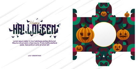 Vibrant Halloween geometric art background for party invitations or cards, suited for October celebrations in fun spaces, boasting pumpkins, webs, and elegant typography.のイラスト素材
