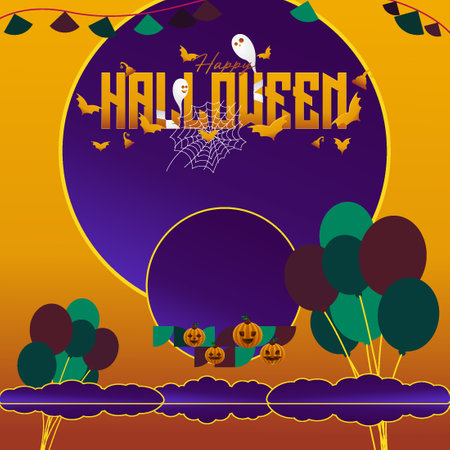 Halloween themed geometric cover for invites or party messages, suited for autumn celebrations in any location, highlighting pumpkins, spider webs, and trendy typography.のイラスト素材