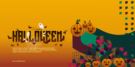 Halloween themed geometric art background for posters, greeting cards, or invites, perfect for October festivities in homes or venues, featuring pumpkins, spider webs, and sleek typography.のイラスト素材