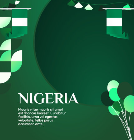 Nigeria Independence Day festive banner in modern geometric style. Ideal for National Day celebrations, greeting cards, carnival, holiday sales, and tourism promotions. Happy Nigeria Dayのイラスト素材