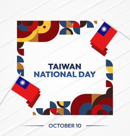 Taiwan Double Tenth Day party banner with geometric ornaments and flag design. Perfect for National Day for greeting card, event, festival and business poster design. Happy Taiwan Dayのイラスト素材