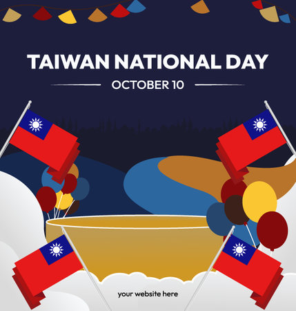 Modern geometric Taiwan Double Tenth Day banner in flag colors. Perfect National Day design for greeting cards, posters, and social media. Happy Taiwan holiday celebration templatesのイラスト素材