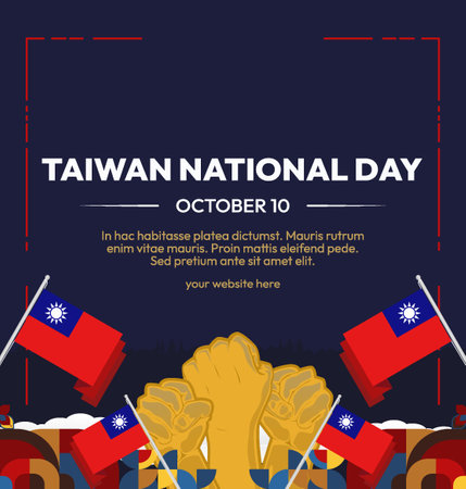 Taiwan National day templates in colorful geometric style. Happy celebrate Taiwan Double Tenth. Greats background for greetings, social media, poster and more holidaysのイラスト素材