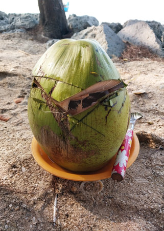 Coconut fruit. Served on a plastic plate on the beach sand. Perfect treat for a beach holiday. Holiday snack concept. Fun timeの写真素材