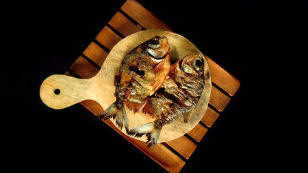 Freshwater pomfret. Served on plates and boards. Fried fish food menu. Isolated black background....