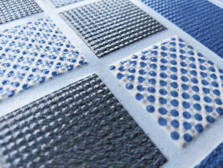 Unique floor pattern in dominant blue color. Floor with geometric pattern and neat pattern is...