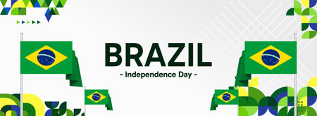 Brazil National Independence Day wide banner. Modern geometric abstract background in flag color for Brazil day, September 7. Brazilian Independence greeting card cover with country flagのイラスト素材
