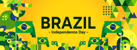 Brazil National Independence Day wide banner. Modern geometric abstract background in flag color for Brazil day, September 7. Brazilian Independence greeting card cover with country flagのイラスト素材
