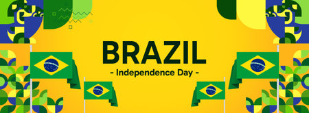 Brazil National Independence Day wide banner. Modern geometric abstract background in flag color for Brazil day, September 7. Brazilian Independence greeting card cover with country flagのイラスト素材
