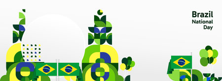 Brazil National Independence Day wide banner. Modern geometric abstract background in flag color for Brazil day, September 7. Brazilian Independence greeting card cover with country flagのイラスト素材