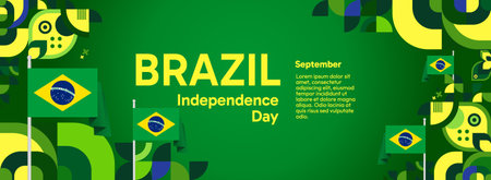 Brazil National Independence Day wide banner. Modern geometric abstract background in flag color for Brazil day, September 7. Brazilian Independence greeting card cover with country flagのイラスト素材