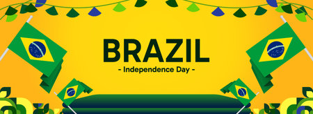 Brazil National Independence Day wide banner. Modern geometric abstract background in flag color for Brazil day, September 7. Brazilian Independence greeting card cover with country flagのイラスト素材