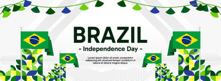 Brazil National Independence Day wide banner. Modern geometric abstract background in flag color for Brazil day, September 7. Brazilian Independence greeting card cover with country flagのイラスト素材