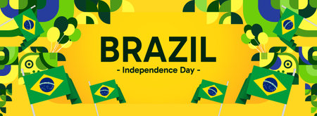 Brazil National Independence Day wide banner. Modern geometric abstract background in flag color for Brazil day, September 7. Brazilian Independence greeting card cover with country flagのイラスト素材