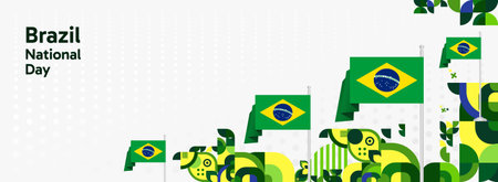 Brazil National Independence Day wide banner. Modern geometric abstract background in flag color for Brazil day, September 7. Brazilian Independence greeting card cover with country flagのイラスト素材
