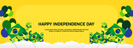 Brazil National Independence Day wide banner. Modern geometric abstract background in flag color for Brazil day, September 7. Brazilian Independence greeting card cover with country flagのイラスト素材