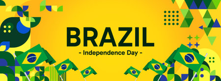 Brazil National Independence Day wide banner. Modern geometric abstract background in flag color for Brazil day, September 7. Brazilian Independence greeting card cover with country flagのイラスト素材