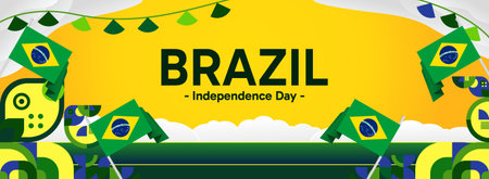 Brazil National Independence Day wide banner. Modern geometric abstract background in flag color for Brazil day, September 7. Brazilian Independence greeting card cover with country flagのイラスト素材