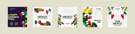 Happy Mexico Independence Day. National Day Celebration design set, cover, and greeting cards with flag. Mexico Independence Day cover background with creative geometric artのイラスト素材