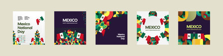 Happy Mexico Independence Day. National Day Celebration design set, cover, and greeting cards with flag. Mexico Independence Day cover background with creative geometric artのイラスト素材