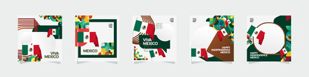 Mexico Independence Day template set. National day poster background with flag and modern geometric design. Social media covers, creative greeting cards, banner, and postのイラスト素材