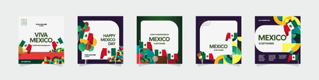 Happy Mexico Independence Day. National Day Celebration design set, cover, and greeting cards with...