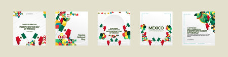 Happy Mexico Independence Day. National Day Celebration design set, cover, and greeting cards with flag. Mexico Independence Day cover background with creative geometric artのイラスト素材