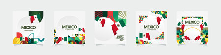 Happy Mexico Independence Day. National Day Celebration design set, cover, and greeting cards with flag. Mexico Independence Day cover background with creative geometric artのイラスト素材
