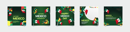 Happy Mexico Independence Day. National Day Celebration design set, cover, and greeting cards with flag. Mexico Independence Day cover background with creative geometric artのイラスト素材