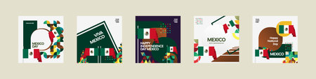 Mexico Independence Day template set. National day poster background with flag and modern geometric design. Social media covers, creative greeting cards, banner, and postのイラスト素材
