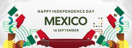 Horizontal Mexico Independence Day background with national flag, geometric ornaments, and festive colors. Ideal for banners, posters, web header, promotions, and event campaigns. Happy Mexico Dayのイラスト素材