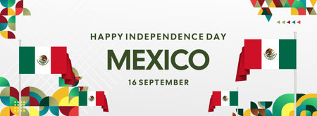 Horizontal Mexico Independence Day background with national flag, geometric ornaments, and festive colors. Ideal for banners, posters, web header, promotions, and event campaigns. Happy Mexico Dayのイラスト素材