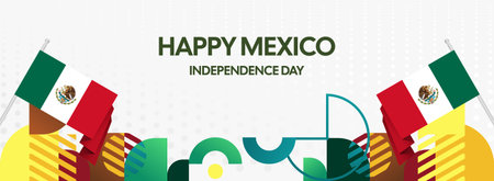 Horizontal Mexico Independence Day background with national flag, geometric ornaments, and festive colors. Ideal for banners, posters, web header, promotions, and event campaigns. Happy Mexico Dayのイラスト素材