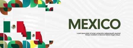 Horizontal Mexico Independence Day background with national flag, geometric ornaments, and festive colors. Ideal for banners, posters, web header, promotions, and event campaigns. Happy Mexico Dayのイラスト素材
