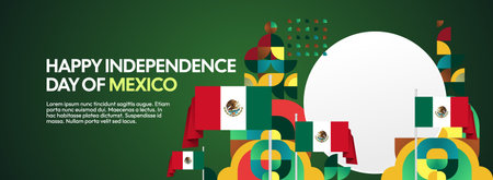 Horizontal Mexico Independence Day background with national flag, geometric ornaments, and festive colors. Ideal for banners, posters, web header, promotions, and event campaigns. Happy Mexico Dayのイラスト素材