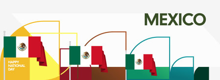 Horizontal Mexico Independence Day background with national flag, geometric ornaments, and festive colors. Ideal for banners, posters, web header, promotions, and event campaigns. Happy Mexico Dayのイラスト素材