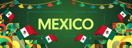 Horizontal Mexico Independence Day background with national flag, geometric ornaments, and festive colors. Ideal for banners, posters, web header, promotions, and event campaigns. Happy Mexico Dayのイラスト素材