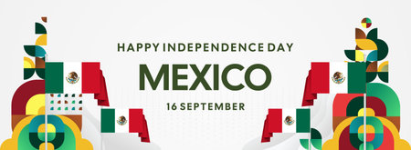 Horizontal Mexico Independence Day background with national flag, geometric ornaments, and festive colors. Ideal for banners, posters, web header, promotions, and event campaigns. Happy Mexico Dayのイラスト素材