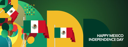 Horizontal Mexico Independence Day background with national flag, geometric ornaments, and festive colors. Ideal for banners, posters, web header, promotions, and event campaigns. Happy Mexico Dayのイラスト素材