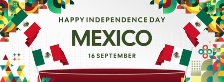 Horizontal Mexico Independence Day background with national flag, geometric ornaments, and festive colors. Ideal for banners, posters, web header, promotions, and event campaigns. Happy Mexico Dayのイラスト素材