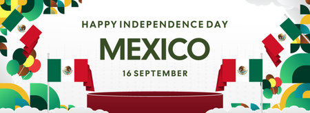 Horizontal Mexico Independence Day background with national flag, geometric ornaments, and festive colors. Ideal for banners, posters, web header, promotions, and event campaigns. Happy Mexico Dayのイラスト素材